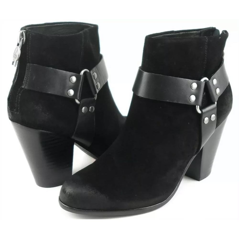 Ash Quartz Black Oiled Suede Harness Back Zip Booties Sz 9